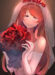  1girl bangs bouquet bridal_veil dress elbow_gloves eyebrows_visible_through_hair flower gloves grin hair_flower hair_ornament head_wreath highres holding holding_bouquet long_hair looking_at_viewer neon_genesis_evangelion orange_hair red_flower sleeveless sleeveless_dress smile solo souryuu_asuka_langley strapless strapless_dress upper_body veil very_long_hair violet_eyes wedding_dress white_dress white_gloves yakankome 