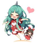  2girls aqua_hair ascot black_hair blush bow brown_eyes closed_eyes cloud_print collared_shirt curly_hair detached_sleeves eyebrows_visible_through_hair fangs geta hair_bow hakurei_reimu heart horns japanese_clothes kariyushi_shirt komano_aunn long_hair multiple_girls nontraditional_miko open_mouth outstretched_arms piyokichi red_bow red_shirt red_skirt ribbon-trimmed_sleeves ribbon_trim shirt short_sleeves shorts simple_background single_horn skirt smile spread_arms thick_eyebrows touhou touhou_danmaku_kagura white_background white_shorts wide_sleeves yellow_ascot 