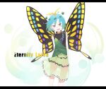  1girl antennae aqua_hair blush_stickers brown_eyes butterfly_wings character_name dress eternity_larva fairy feet_out_of_frame green_dress highres leaf leaf_on_head letterboxed multicolored_clothes multicolored_dress o_(crazyoton46) open_mouth short_hair single_strap smile solo teeth touhou upper_teeth wings 