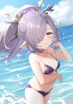  1girl absurdres bikini blue_sky breasts closed_mouth clouds collarbone cowboy_shot day granblue_fantasy hair_ornament hair_over_one_eye halter_top halterneck harvin highres iwao_(pixiv258710) long_hair looking_at_viewer navel niyon_(granblue_fantasy) ocean outdoors pointy_ears ponytail purple_bikini purple_hair red_eyes sky small_breasts solo summer swimsuit 