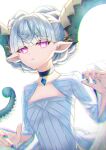  +_+ 1girl bangs braid breasts choker crown_braid curled_horns dress fate/grand_order fate/grand_order_arcade fate_(series) horns jewelry larva_tiamat long_hair long_horns long_sleeves looking_at_viewer nanahi_tsubaki parted_lips pendant pink_eyes pointy_ears ribbed_dress silver_hair small_breasts solo symbol-shaped_pupils tiamat_(fate) white_dress 