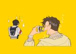  2boys armor bbbb_fex beige_jacket cellphone facing_away fenix_uniform jacket kadota_hiromi kamen_rider kamen_rider_revice karizaki_george multiple_boys open_mouth phone shirt smartphone smile sparkle striped striped_shirt vest watch yellow_background 