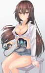  1girl absurdres alternate_costume android breasts brown_eyes brown_hair cutoffs denim denim_shorts front-tie_top highres holding kantai_collection long_hair long_sleeves mechanical_parts medium_breasts nagato_(kancolle) rasen_manga shirt short_shorts shorts solo white_shirt 