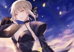  1girl artoria_pendragon_(fate) bangs black_dress black_ribbon blonde_hair braid breasts dress fate/stay_night fate_(series) french_braid hair_bun hair_ribbon juliet_sleeves kaede_(pixiv45594990) long_hair long_sleeves looking_at_viewer medium_breasts meltymaple puffy_sleeves ribbon saber_alter sidelocks solo yellow_eyes 