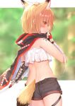  1girl animal_ear_fluff animal_ears aokabi_(aokabic) arknights ass bandaged_arm bandages bangs black_cloak black_gloves black_shorts blonde_hair blurry blurry_background blush cloak commentary_request crop_top depth_of_field eyebrows_visible_through_hair fingerless_gloves from_behind gloves hair_between_eyes hand_up highres looking_at_viewer looking_back midriff parted_lips profile red_eyes short_hair short_shorts shorts signature skindentation solo sweat tail vermeil_(arknights) 