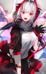  1girl antenna_hair arknights black_gloves black_scarf breasts explosion fingerless_gloves gloves highres horns jacket looking_at_viewer medium_breasts open_mouth red_eyes scarf shinonome_nemu_(nemulog_sn) solo sweat sweatdrop w_(arknights) white_hair 