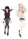  +_+ 1girl angel angel_and_devil angel_wings black_eyes black_footwear black_hair black_legwear black_sweater blonde_hair blue_eyes blush bow bowtie bracelet brown_footwear brown_sweater bug butterfly collar commentary_request demon demon_girl demon_horns demon_tail demon_wings ear_piercing eyebrows_visible_through_hair fangs fingernails full_body glasses green_skirt gyaru hair_between_eyes hair_ribbon halo hands_on_own_chest heart heart_print highres horns jewelry kawai_rou kogal looking_at_viewer medium_hair multicolored_hair open_mouth original pantyhose parted_lips pearl_bracelet piercing pink_collar pink_nails red_bow red_horns red_pupils red_tail red_wings ribbon scrunchie simple_background skinny skirt spiked_thighlet standing streaked_hair sweater tail teeth thighlet tongue tongue_out tongue_piercing white_background white_legwear wings 
