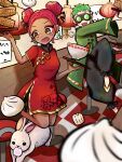  1boy 1girl alternate_costume apex_legends baozi black_pants bowl breasts china_dress chinese_clothes double_bun dress earrings food green_jacket highres holding holding_tray jacket jewelry lantern lifeline_(apex_legends) looking_at_viewer looking_down medium_breasts nepitasu octane_(apex_legends) open_mouth pants rabbit red_dress red_eyeliner redhead sharp_teeth smile teeth tray 