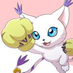  1girl :3 :d blue_eyes cat claws commentary digimon digimon_(creature) full_body furry furry_female gloves open_mouth oro_(ororwide11) simple_background smile solo tail tail_ornament tail_ring tailmon two-tone_background 