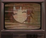  1girl asymmetrical_hair bangs brown_hair closed_eyes closed_mouth commentary crt dress english_commentary glitch hair_ornament head_tilt io_(onisarashi) iwakura_lain noise portrait serial_experiments_lain short_hair sidelocks sleeveless sleeveless_dress smile solo television white_dress 