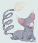 :3 blue_eyes cat closed_mouth colored_sclera commentary_request dated gen_4_pokemon glameow grey_background grey_fur looking_at_viewer lying no_humans on_stomach pokemon pokemon_(creature) ponimu smile solo twitter_username yellow_sclera