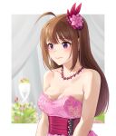  1girl ahoge alternate_hairstyle bangs bare_shoulders blurry blurry_background breasts brown_hair closed_mouth commentary dress earrings eyebrows_visible_through_hair flower formal hair_down hair_flower hair_ornament idolmaster idolmaster_million_live! jewelry kamille_(vcx68) light_blush long_hair looking_to_the_side medium_breasts necklace outside_border pink_dress pink_flower print_dress smile solo strapless strapless_dress upper_body violet_eyes yokoyama_nao 
