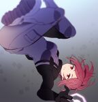  1girl aicedrop blurry bodysuit boots breasts depth_of_field floating grey_background hologram long_sleeves looking_at_viewer midair outstretched_arm pocket ponytail purple_bodysuit red_eyes redhead shoe_soles solo square turtleneck uniform upside-down wen_saw world_trigger 