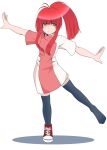  balancing bangs blunt_bangs green_eyes hime_cut kupala_(artist) outstretched_arms ponytail red_hair redhead single_shoe solo spread_arms standing_on_one_leg thigh-highs thighhighs 