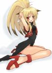  animal_ears armpits arms_behind_head ass blonde_hair blush china_dress chinese_clothes fox_ears fox_tail garyou high_heels multicolored_hair namco_x_capcom red_eyes sandals shoes sitting solo super_robot_wars super_robot_wars_og_saga_mugen_no_frontier super_robot_wars_og_saga_mugen_no_frontier_exceed tail two-tone_hair vest xiaomu zipper 