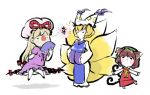  bad_id blonde_hair bow brown_hair cat_ears cat_tail chen chibi earrings elbow_gloves fox_tail gap gloves hair_bow hat jewelry long_hair multiple_tails okami parody short_hair style_parody tail touhou ume_(noraneko) yakumo_ran yakumo_yukari 