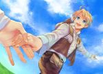  axis_powers_hetalia bad_id blonde_hair blue_eyes hand_holding hands holding_hands male open_mouth pointing sky yousan 