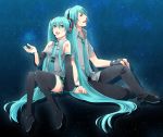  1girl aqua_eyes aqua_hair bad_id boots celestial_s couple detached_sleeves dual_persona fingerless_gloves genderswap gloves hatsune_miku hatsune_mikuo headset legs long_hair necktie skirt smile thigh-highs thigh_boots thighhighs twintails very_long_hair vocaloid 