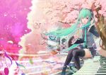  aqua_hair boots cherry_blossoms dangan_(pixiv22262) detached_sleeves digital_media_player food hand_on_headphones hatsune_miku headphones highres instrument keyboard_(instrument) legs lips long_hair mp3_player musical_note necktie petals sitting skirt smile thigh-highs thigh_boots thighhighs tree twintails very_long_hair vocaloid wink 