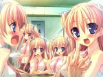  blue_eyes blush breasts dress_shirt eating food game_cg hair_ribbon necktie open_mouth plate pov quintuplets ribbon room siblings sisters twintails 
