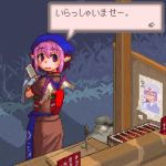  cazya fake_screenshot food_stand grill head_scarf japanese_clothes knife looking_back lowres mystia_lorelei okamisty pink_eyes pink_hair pixel_art saigyouji_yuyuko short_hair solo touhou translated yatai 