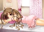  bed brown_hair chemise long_hair lying momoko_(momopoco) on_stomach original pillow pink_eyes solo twintails 