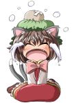  bow brown_hair cat_ears cat_tail chen d.a fang hat head_bump multiple_tails open_mouth short_hair solo tail tears touhou 