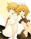  bad_id blonde_hair blue_eyes brother_and_sister face hair_ribbon kagamine_len kagamine_rin komine necktie ribbon school_uniform serafuku short_hair siblings smile twins vocaloid 