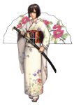  brown_eyes brown_hair fan geta japanese_clothes katana kimono lips mole original ryouki_tamashii short_hair simple_background solo sword weapon 