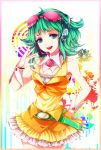  bare_shoulders breasts cleavage flower frills goggles goggles_on_head green_eyes green_hair gumi headphones highres short_hair solo vocaloid wrist_cuffs 