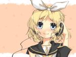  bare_shoulders blonde_hair blush cosmos_(pixiv) detached_sleeves hair_ribbon headphones highres kagamine_rin ribbon sailor_collar short_hair smile solo vocaloid 