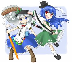  blue_eyes blue_hair cosplay costume_switch food fruit ghost hairband hat hinanawi_tenshi hinanawi_tenshi_(cosplay) katana konpaku_youmu konpaku_youmu_(cosplay) konpaku_youmu_(ghost) long_hair multiple_girls myon nice peach red_eyes short_hair silver_hair sword sword_of_hisou touhou weapon 