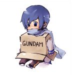  blue_hair box cardboard_box cardboard_box_gundam chibi gundam ichinashi kaito lowres male scarf sitting vocaloid 