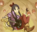  1girl akiyama_mio bass_guitar black_hair boots food fruit guitar howoji instrument k-on! listen!! long_hair pantyhose smile solo strawberry 