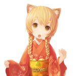  braid fox_ears japanese_clothes kimono morugoru open_mouth orange_eyes orange_hair original solo twin_braids 