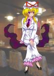  advent_cirno alternate_costume blonde_hair business_suit contemporary crossed_legs formal gap hat high_heels highres pant_suit purple_eyes shoes short_hair sitting solo suit touhou violet_eyes yakumo_yukari yo-chaosangel 