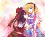  alice_margatroid blonde_hair blue_eyes bow brown_hair detached_sleeves hair_bow hair_tubes hairband hakurei_reimu hand_on_head holding_hands interlocked_fingers lolita_headband mizuki_(flowerlanguage) multiple_girls short_hair touhou yuri 