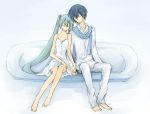  1girl aqua_hair ario31 bad_id barefoot blue_hair couple dress hand_holding hatsune_miku holding_hands kaito last_night_good_night_(vocaloid) legs scarf sitting sleeping sleeping_upright twintails vocaloid 