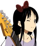 1girl akiyama_mio bass_guitar black_hair bow guitar instrument k-on! listen!! long_hair peaceman smile solo wink 