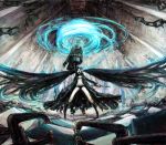  black_hair black_rock_shooter black_rock_shooter_(character) blue_eyes chain chains coat epic glowing glowing_eyes highres huge_weapon long_hair open_mouth pale_skin scar shorts sword tori_(qqqt) twintails very_long_hair weapon 