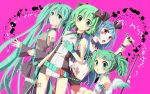  alternate_hairstyle angel_wings aqua_eyes aqua_hair bow bracelet detached_sleeves gloves green_eyes green_hair hair_bow hair_ornament hair_ribbon hairclip hatsune_miku hiiro_(kikokico) jewelry long_hair microphone microphone_stand midriff multiple_girls multiple_persona nail_polish navel red_eyes ribbon short_hair shorts skirt smile tattoo thigh-highs thighhighs tongue twintails very_long_hair vocaloid wings zettai_ryouiki 