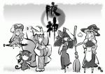  broom chen chibi gap hakurei_reimu hat kirisame_marisa monochrome okami parody touhou ume_(noraneko) witch_hat yakumo_ran yakumo_yukari 