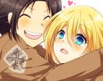  2girls blonde_hair blue_eyes blush brown_hair christa_renz closed_eyes face freckles hair_between_eyes heart hug multiple_girls shingeki_no_kyojin smile surprised tyeinn-suineryuu ymir_(shingeki_no_kyojin) 