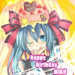  birthday blue_eyes blue_hair bow cake food fruit hair_bow hat hatsune_miku pastry star strawberry tongue twintails vocaloid wink 