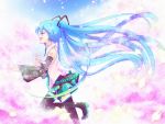  blue_hair cherry_blossoms closed_eyes detached_sleeves haru_aki hatsune_miku highres long_hair necktie skirt solo thigh-highs thighhighs twintails very_long_hair vocaloid 