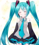  blush closed_eyes colored detached_sleeves hatsune_miku headset long_hair necktie skirt smile solo twintails velpaw very_long_hair vocaloid 
