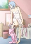  alternate_hairstyle bad_feet barefoot bed bedroom blue_eyes blue_hair camisole hair_down highres izayoi_sakuya maid_headdress messy_hair mirror pajamas picture remilia_scarlet short_hair solo strap_slip touhou undressing yoekosukii 