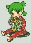  barefoot blush child gift green_eyes green_hair holding holding_gift koiwai_yotsuba pajamas quad_tails superdonut yotsubato! 