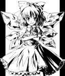  bow cirno crossed_arms dress grin hair_bow itsuku monochrome short_hair smile solo touhou wings 