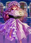  1girl ama-tou barefoot book bookshelf hat highres lamp lantern library long_hair open_book patchouli_knowledge purple_eyes purple_hair reading robe solo touhou voile 
